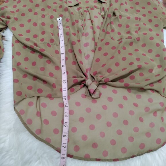 Free People Brown/Pink Polka Dot Button-Up Shirt High Low Hem Shirt Size Medium - Picture 10 of 11